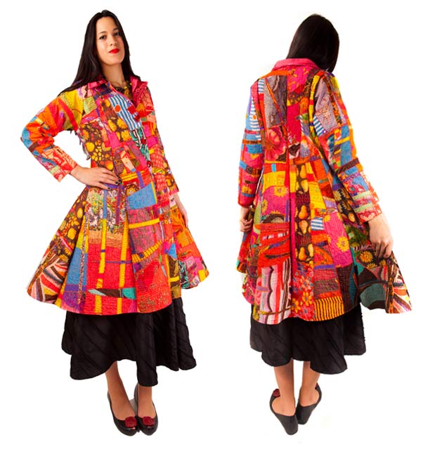 Coat of collaged and stitched silk and chiffon vintage sari fabrics
