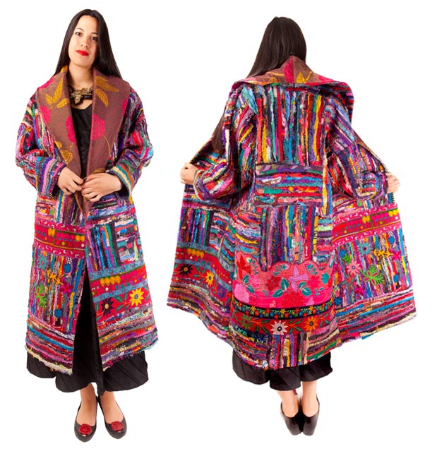 Wrap coat of collaged miked fabrics with vintage Indian and Mexican embroideries