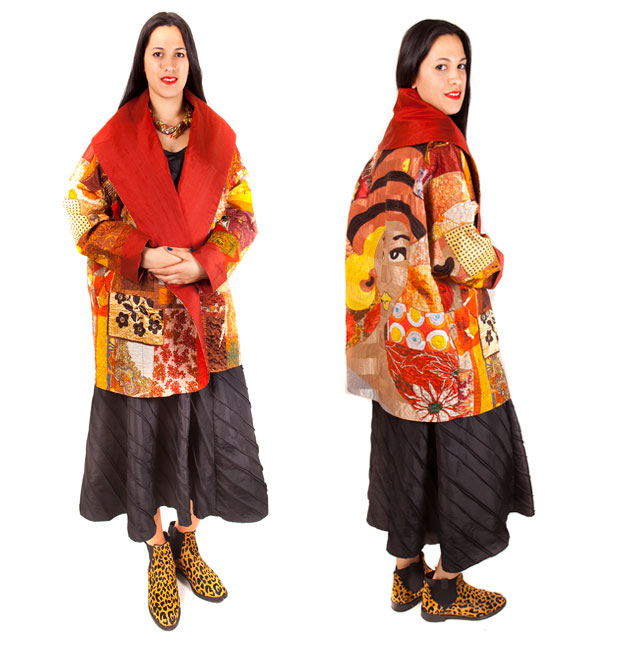 Wrap coat of 1950's and 60's silk scarves with machine embroidery