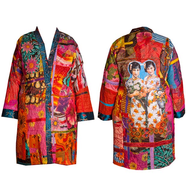 Kimono coat made from silk chiffons with Japanese figures and flowers