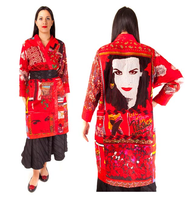 Kimono coat made from silk scarves with machine embroidery