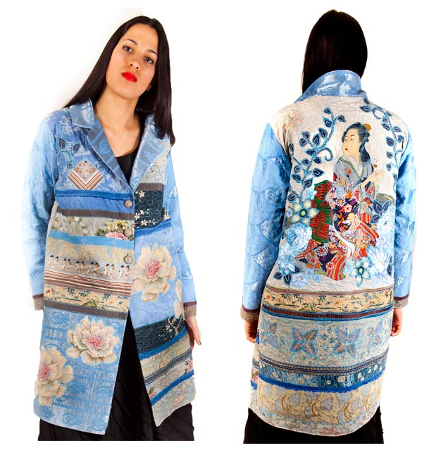 Coat of hand dyed 1950's brocade & silks with vintage embroidery strips and appliqued flowers