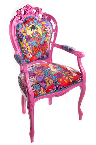 StitchedHandpainted chair with stitched and appliqued 1950's fabric