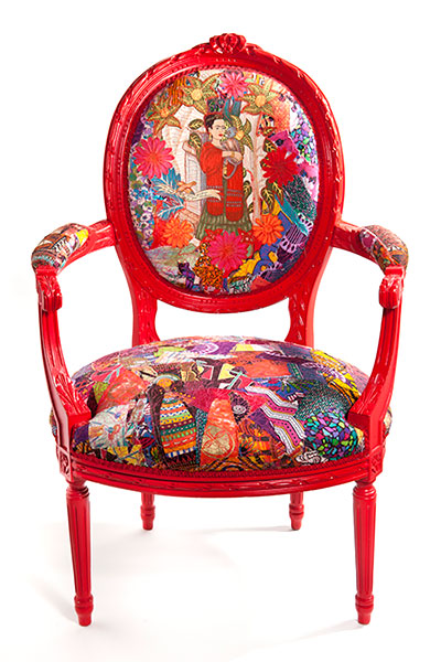 Hand painted chair – with stitched and appliqued 1950's fabric