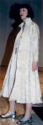 Swing coat, silk satin and brocade with machine and hand embroidery. Cotton silk and linen panelled dress.